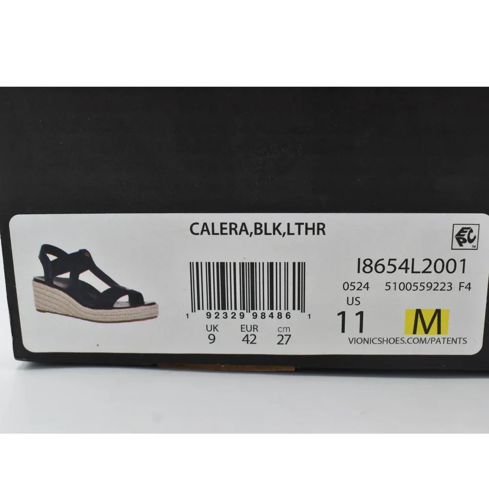 Vionic Women Size 11 Calera Black Leather Stretch Espadrille Wedge Sandals Shoes